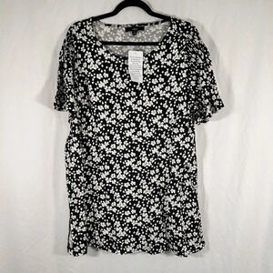 ellos Blouse Women's Large Black Floral Print Short Sleeve Round Neck Pullover